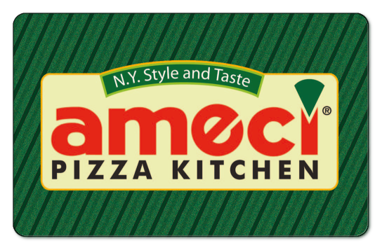 Ameci Pizza logo on a striped green background.